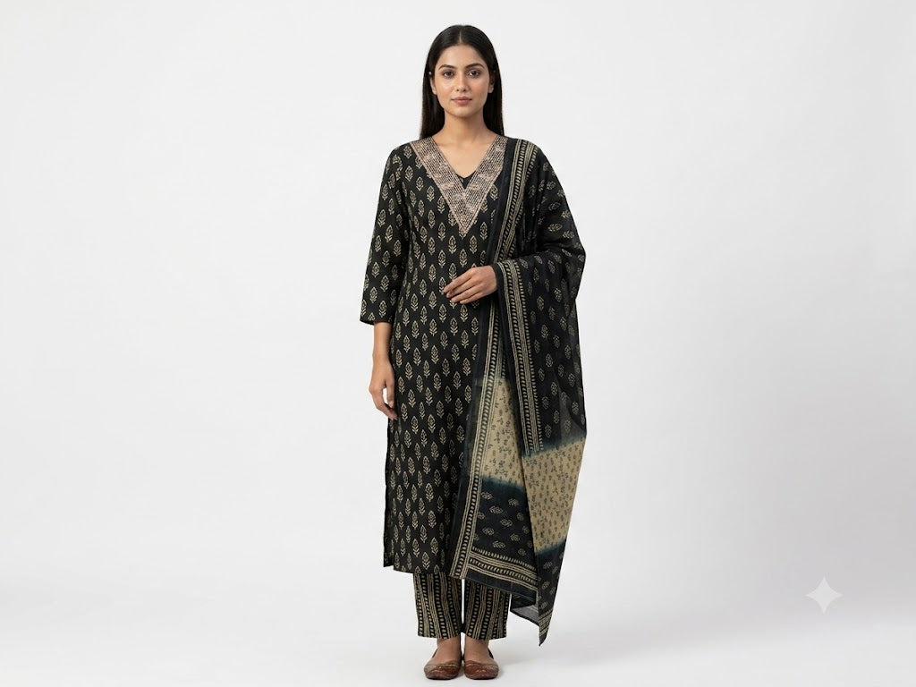 Black Ethnic Printed Cotton Kurta Set with Dupatta