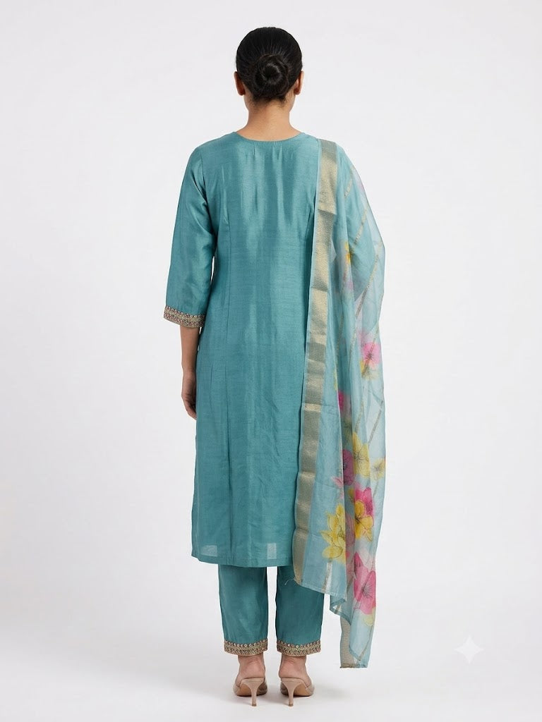Sky Blue Embroidered Cotton Kurta Set with Floral Dupatta
