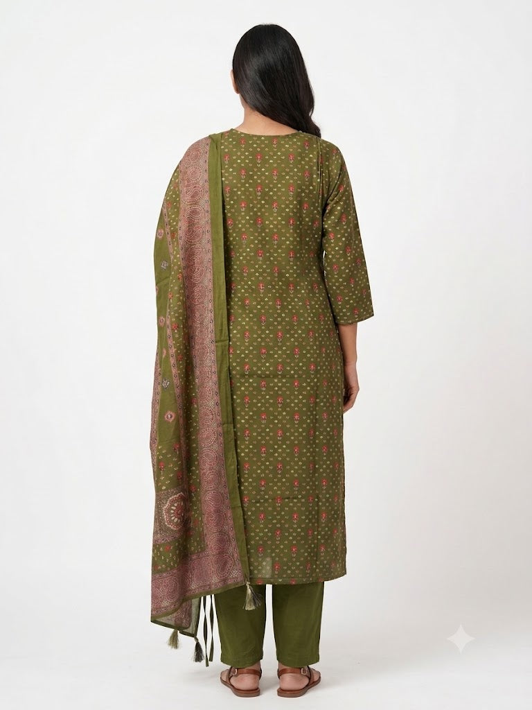 Olive Green Embroidered Cotton Kurta Set with Printed Dupatta
