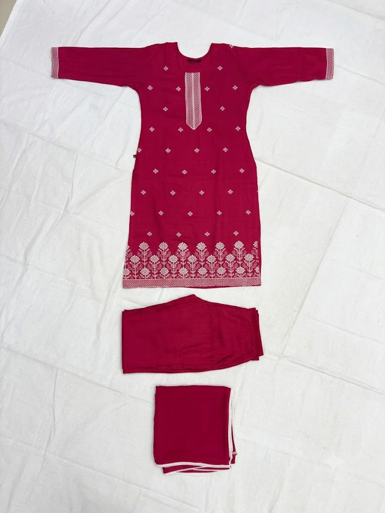 Women's Rani Pink Embroidered Kurta Pant with Solid Chiffon Dupatta | 3-Piece Ethnic Suit Set