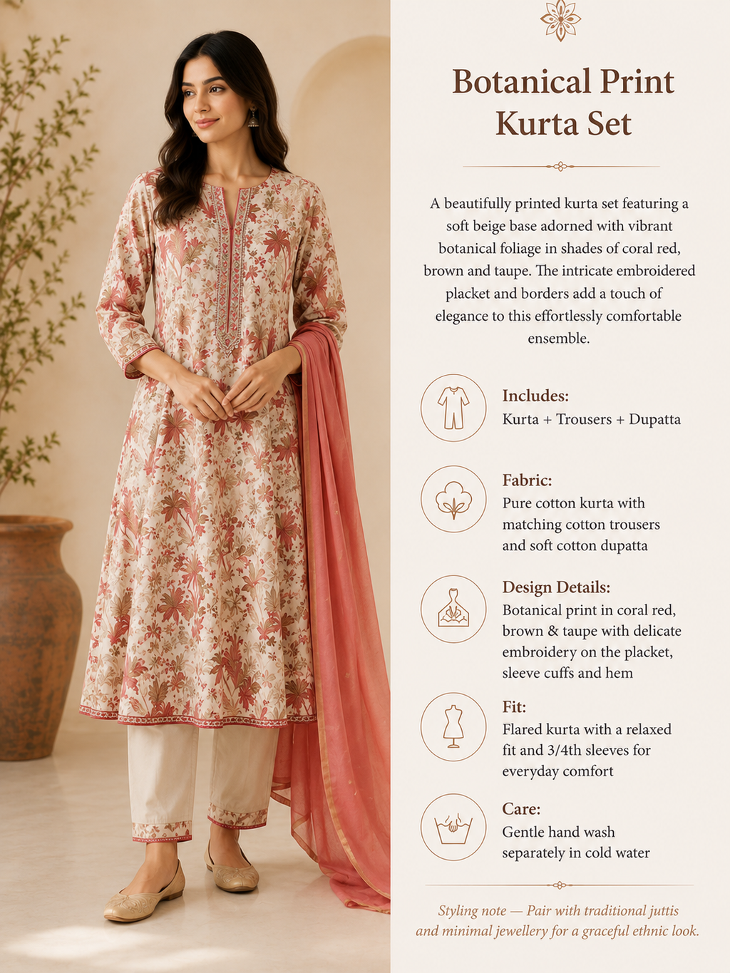 Botanical Floral Print Pure Cotton Kurta Set with Trousers & Dupatta