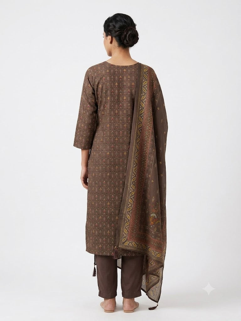 Brown Embroidered Cotton Kurta Set with Printed Dupatta