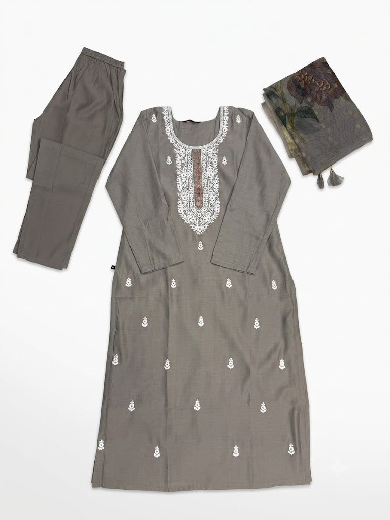 Women's Grey Embroidered Straight Kurta Pant & Dupatta Set