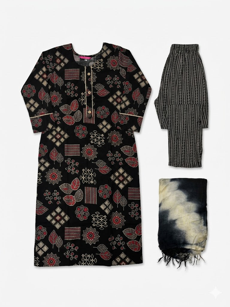 Black Floral Printed Cotton Kurta Set with Tie-Dye Dupatta