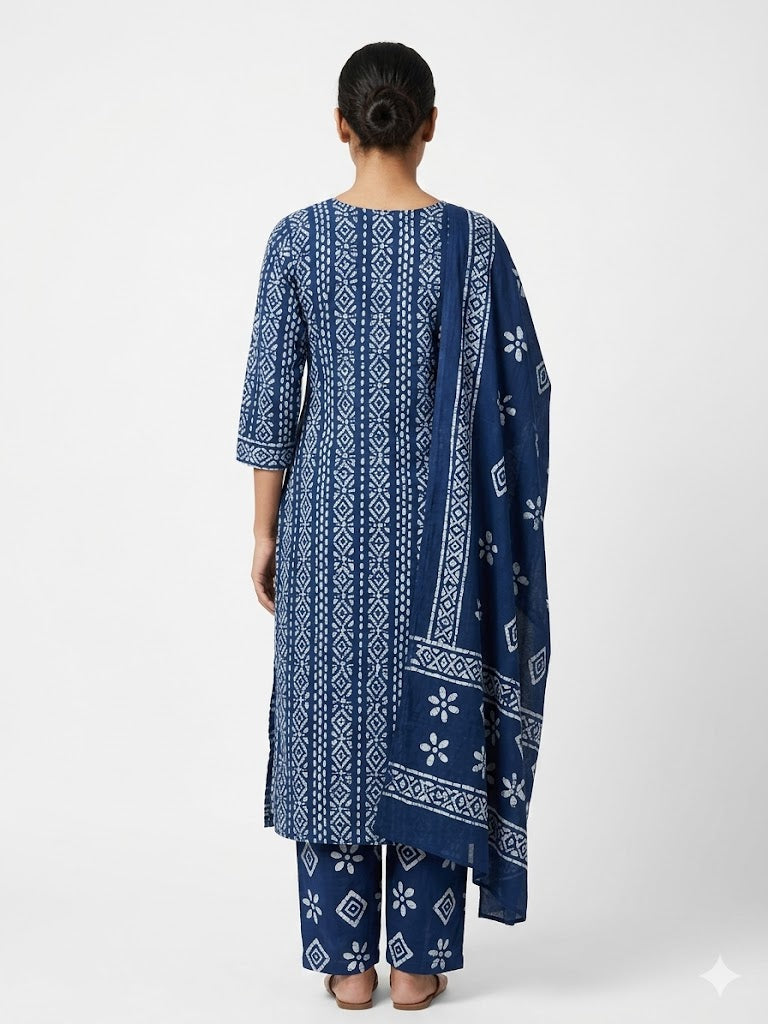 Navy Blue Geometric Printed Cotton Kurta Set with Dupatta