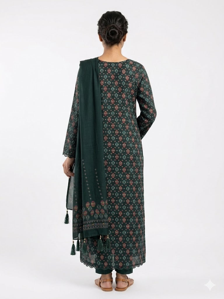 Dark Green Floral Printed Cotton Kurta Set with Dupatta