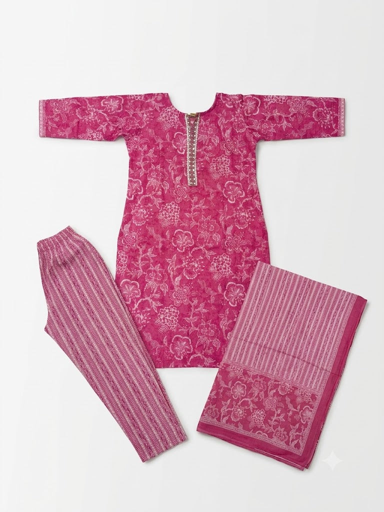 Pink Floral Printed Cotton Kurta Set with Striped Dupatta