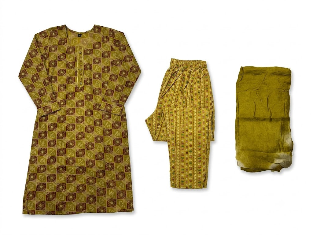 Mustard Geometric Printed Cotton Kurta Set with Dupatta