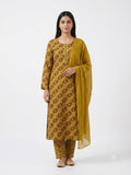 Mustard Geometric Printed Cotton Kurta Set with Dupatta