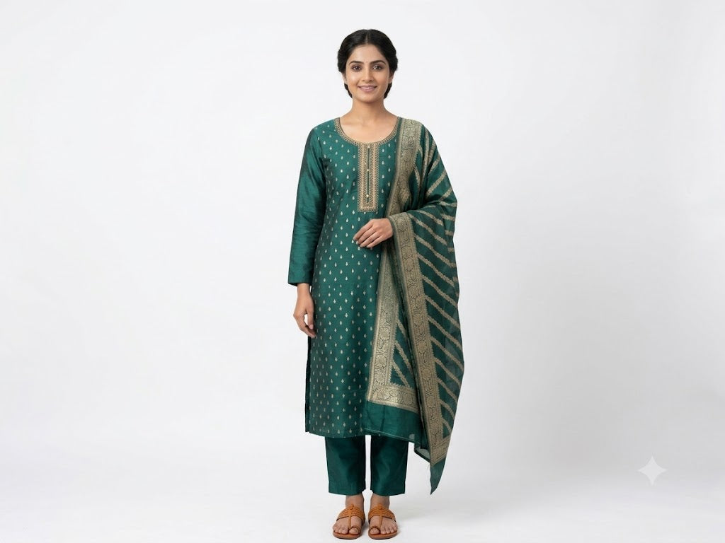 Women Teal Green Woven Straight Kurta with Pants & Dupatta | Ethnic Kurta Set (3-Piece)
