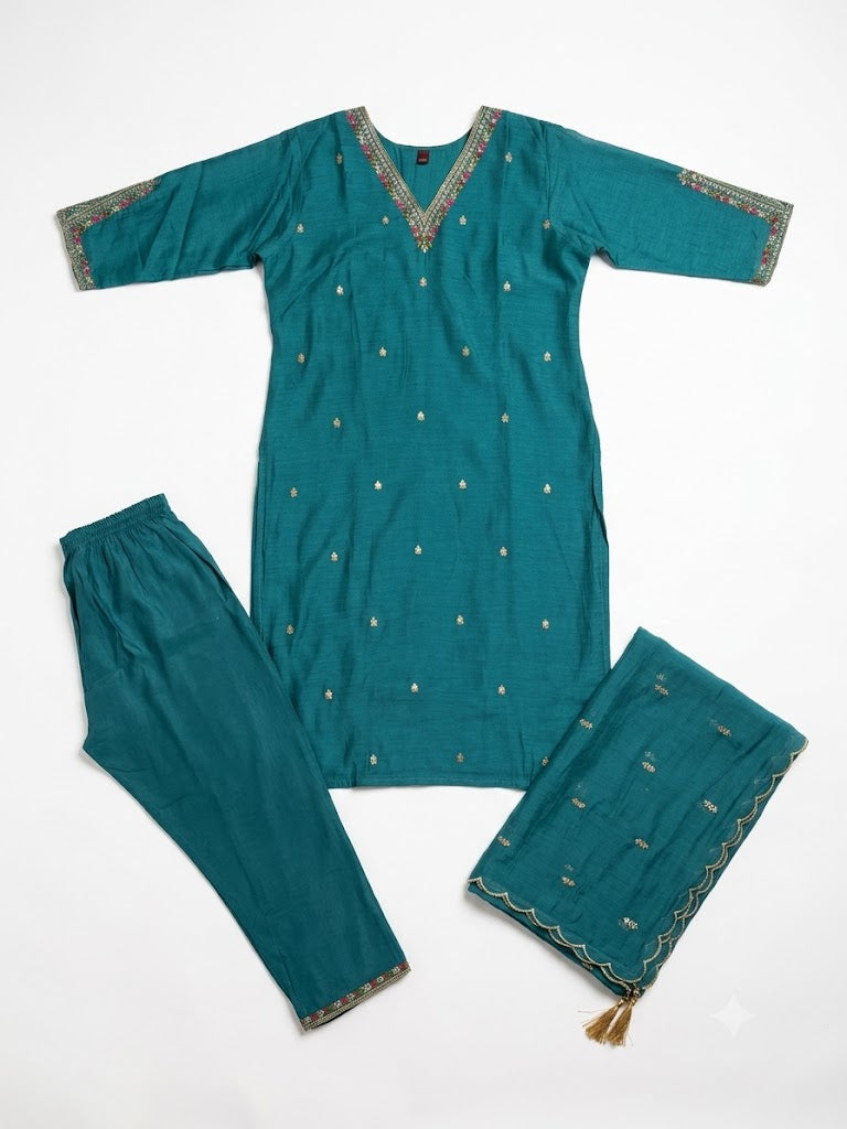Teal Embroidered Cotton Kurta Set with Dupatta
