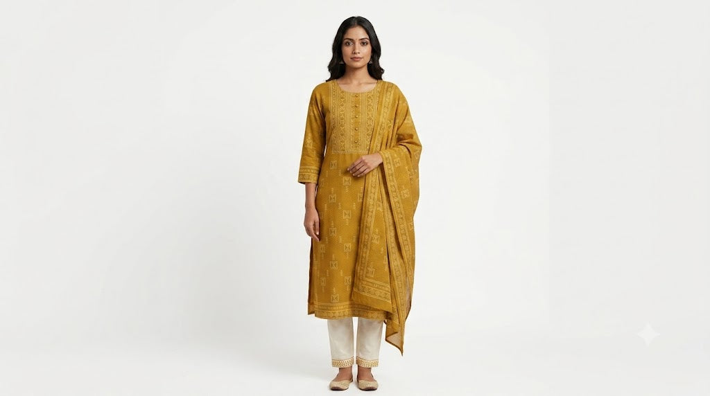 Women Mustard Yellow Embroidered Kurta Set with Dupatta & Straight Pants | Festive Ethnic Wear