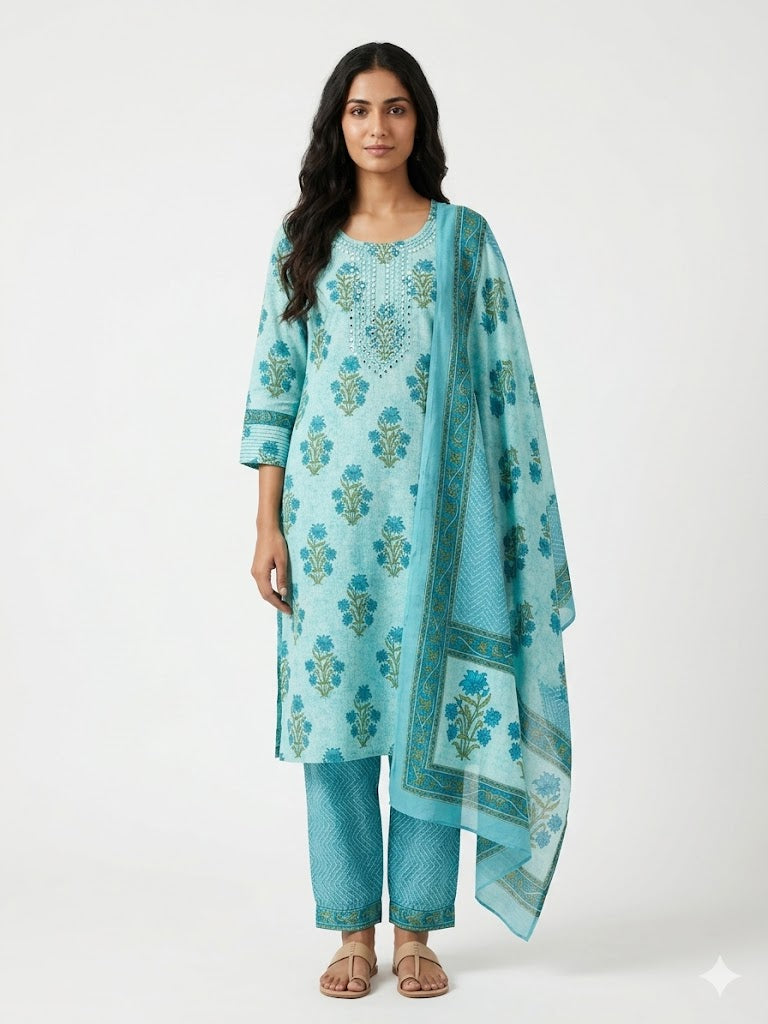 Women Sky Blue Floral Printed Kurta Set with Dupatta & Pants | Elegant Ethnic Suit Set