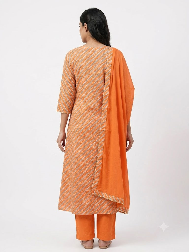 Orange Striped Cotton Kurta Set with Dupatta