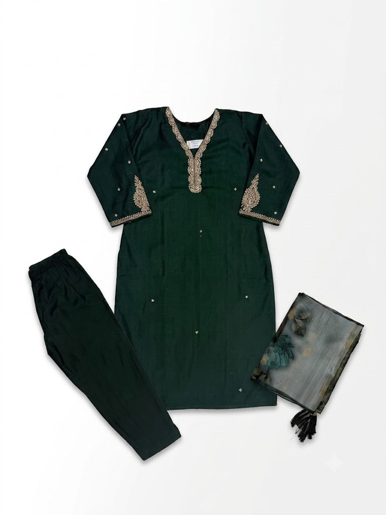 Women Dark Green Embroidered Straight Kurta with Pants & Floral Printed Dupatta | Ethnic Kurta Set (3-Piece)