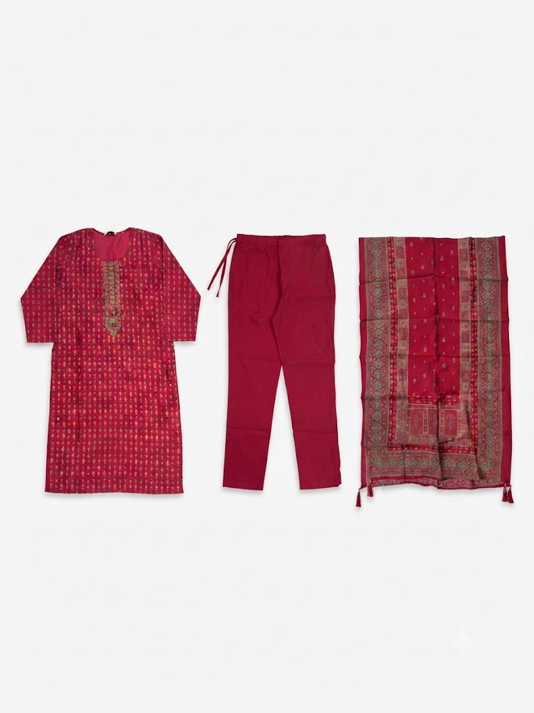 Rani Pink Ethnic Printed Cotton Kurta Set with Woven Dupatta
