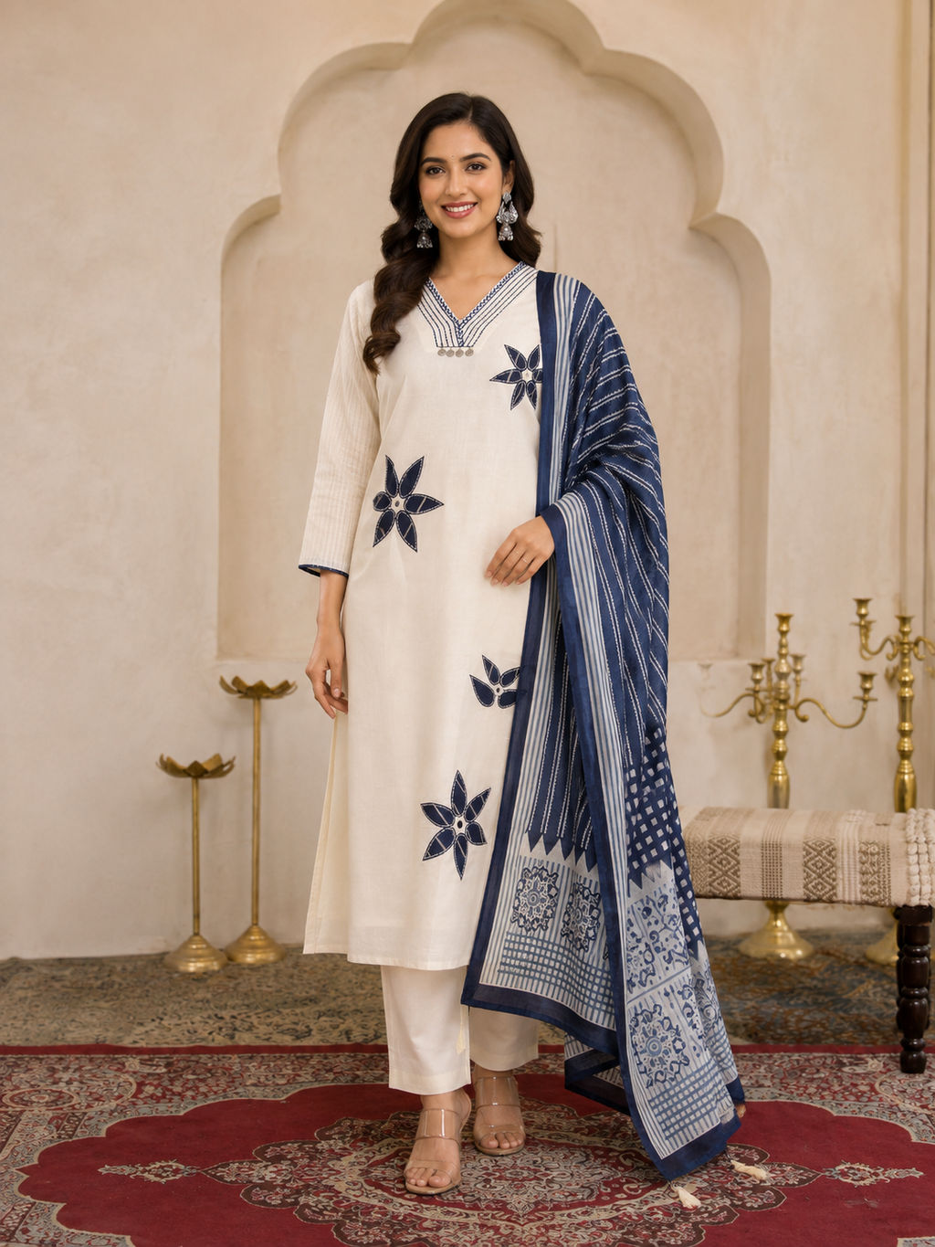 Ivory Floral Printed Women's Kurta Set – Navy Dupatta