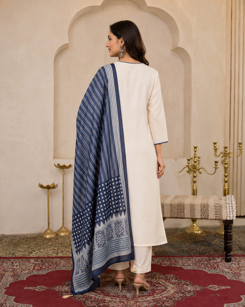 Ivory Floral Printed Women's Kurta Set – Navy Dupatta
