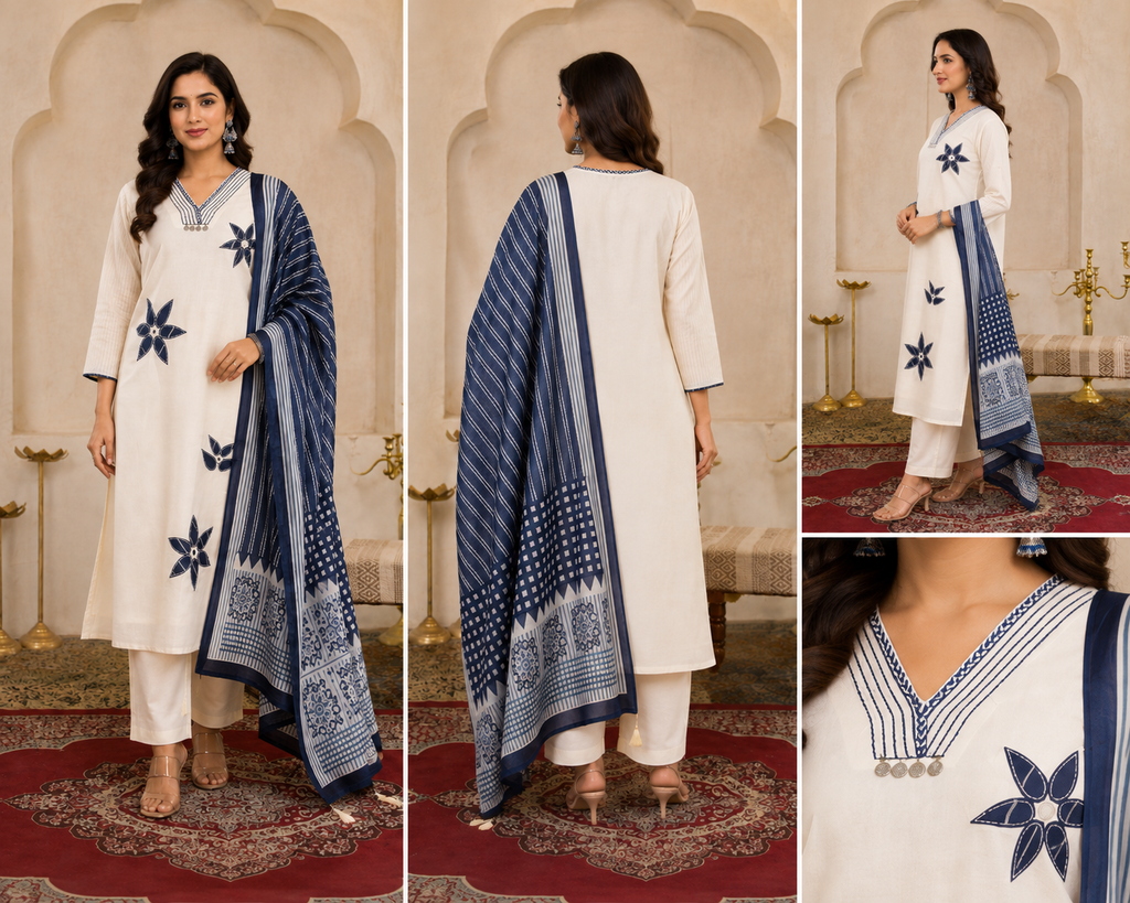 Ivory Floral Printed Women's Kurta Set – Navy Dupatta