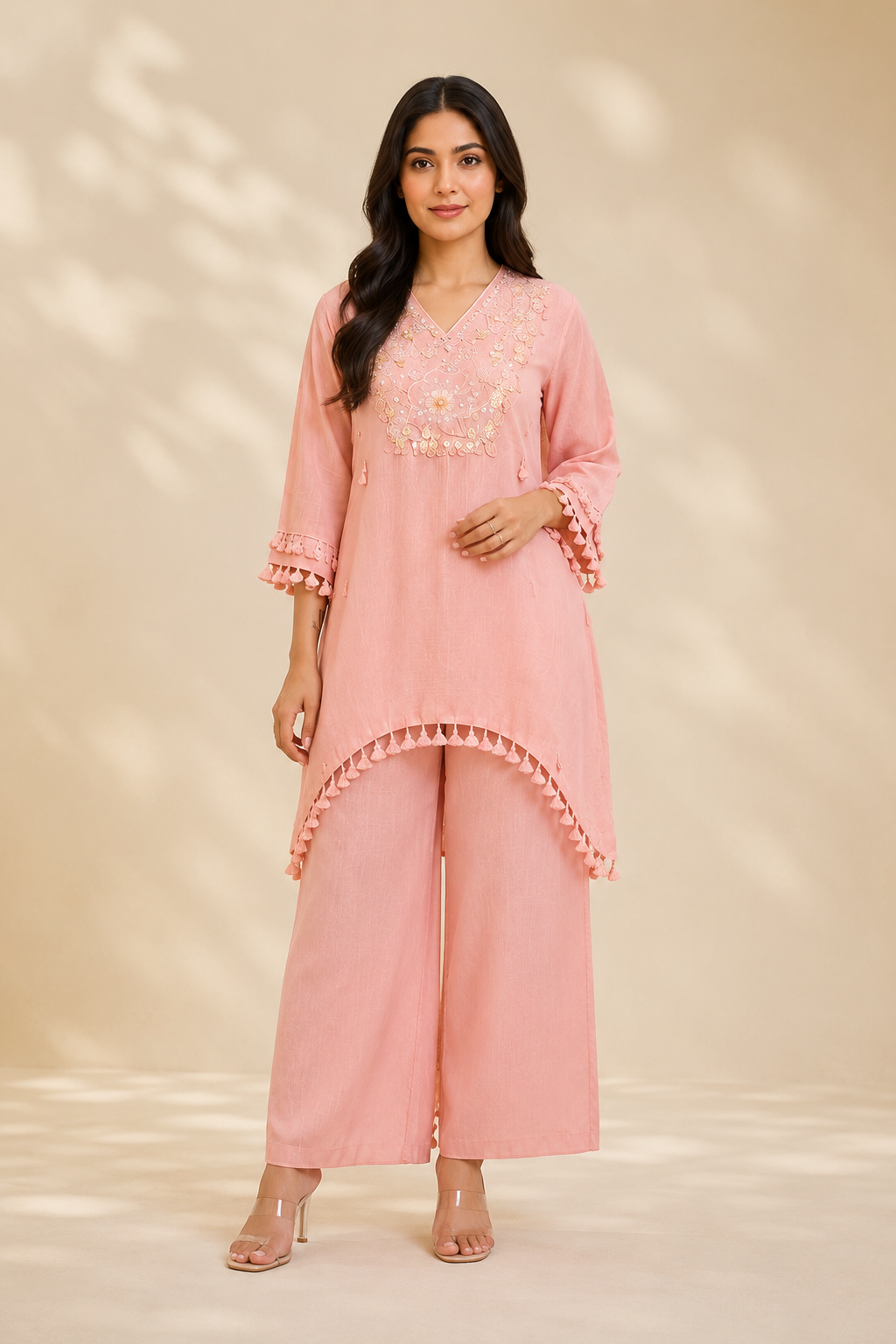 Pink Embroidered Women's Short Kurti Set – Cotton Slub