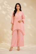 Pink Embroidered Women's Short Kurti Set – Cotton Slub