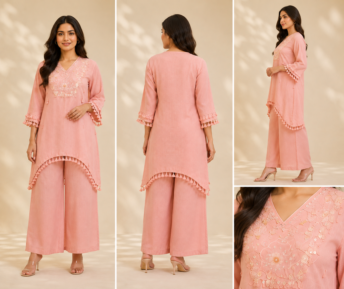 Pink Embroidered Women's Short Kurti Set – Cotton Slub