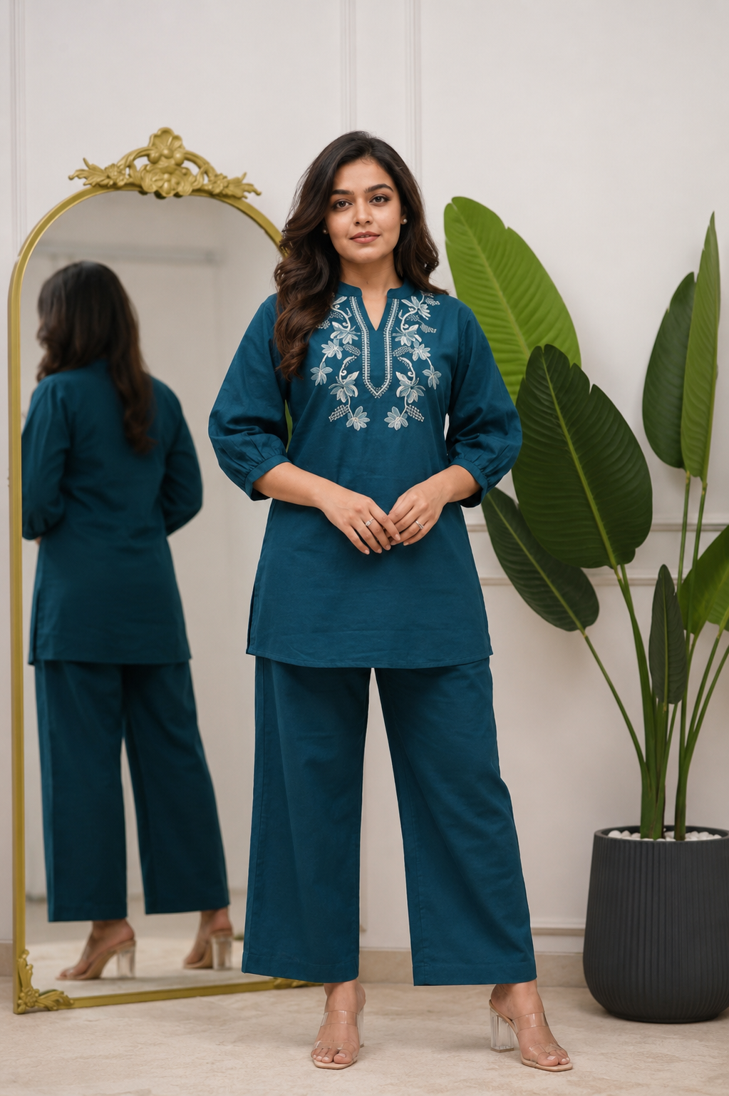 Teal Floral Embroidered Women's Kurta Pant Set