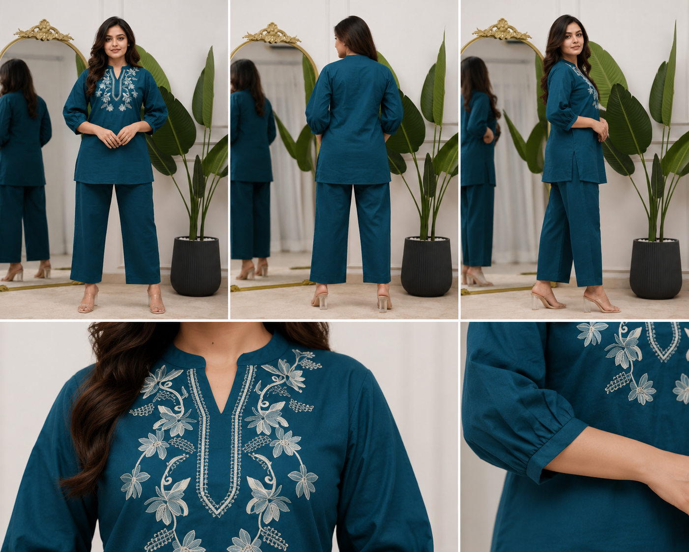 Teal Floral Embroidered Women's Kurta Pant Set