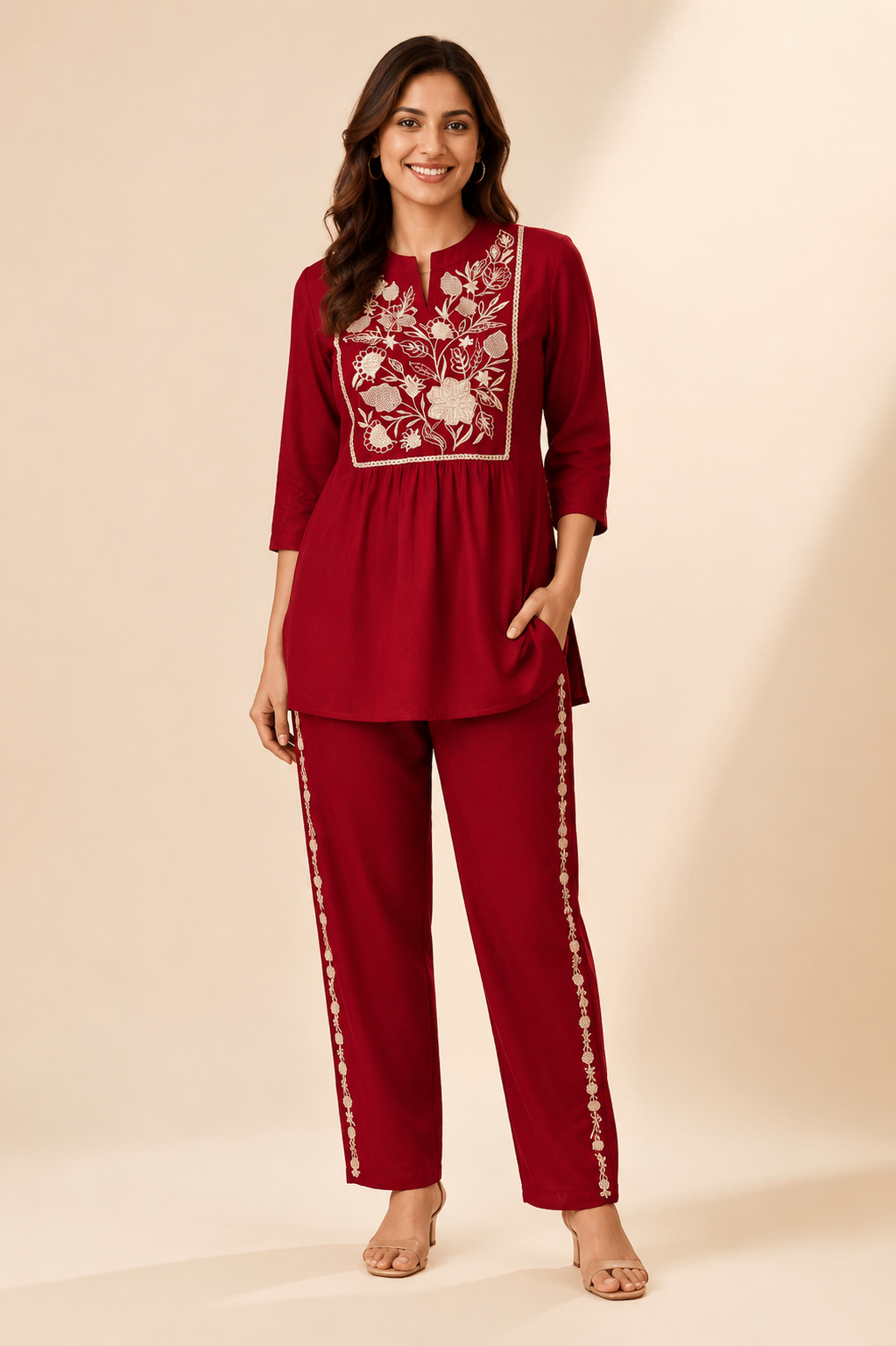 Floral Embroidered Women's Short Kurti Pant Set – Elegant Ethnic Co-Ord