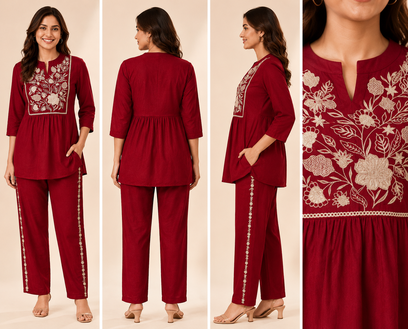 Floral Embroidered Women's Short Kurti Pant Set – Elegant Ethnic Co-Ord