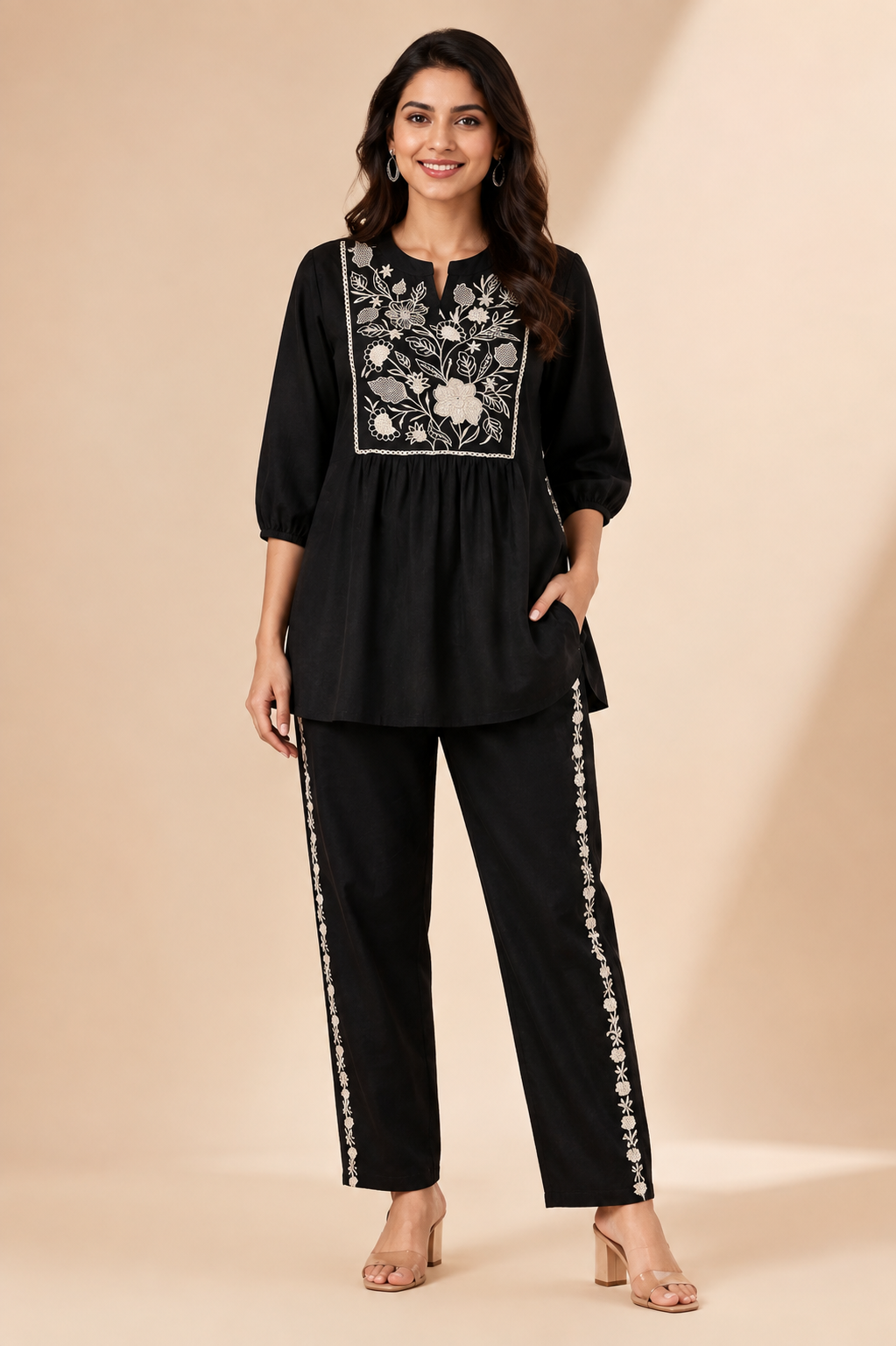 Floral Embroidered Women's Short Kurti Pant Set – Elegant Ethnic Co-Ord
