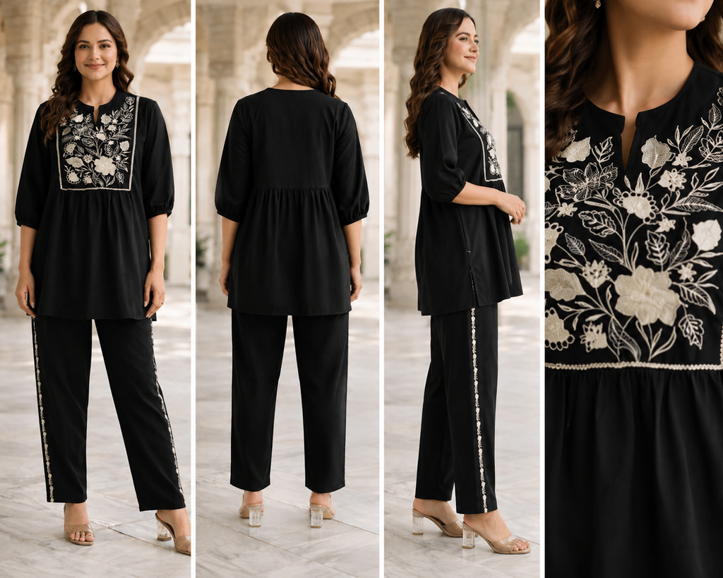Floral Embroidered Women's Short Kurti Pant Set – Elegant Ethnic Co-Ord