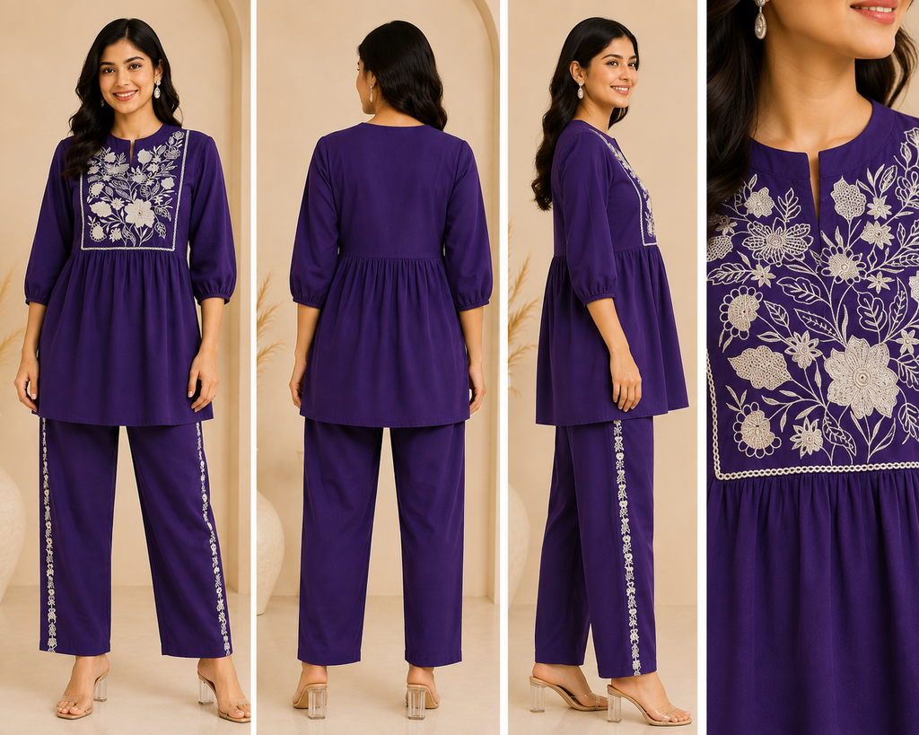 Floral Embroidered Women's Short Kurti Pant Set – Elegant Ethnic Co-Ord