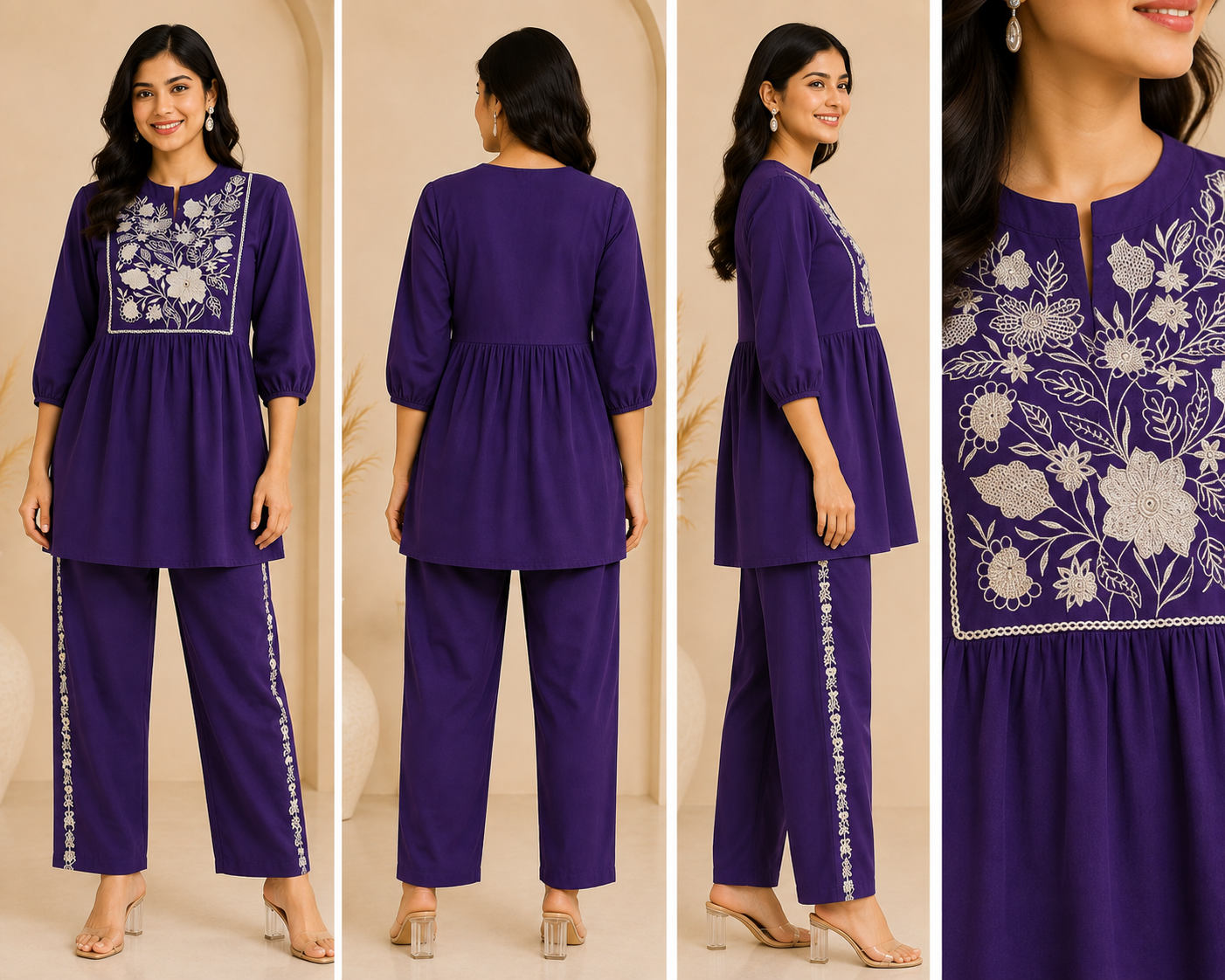 Floral Embroidered Women's Short Kurti Pant Set – Elegant Ethnic Co-Ord