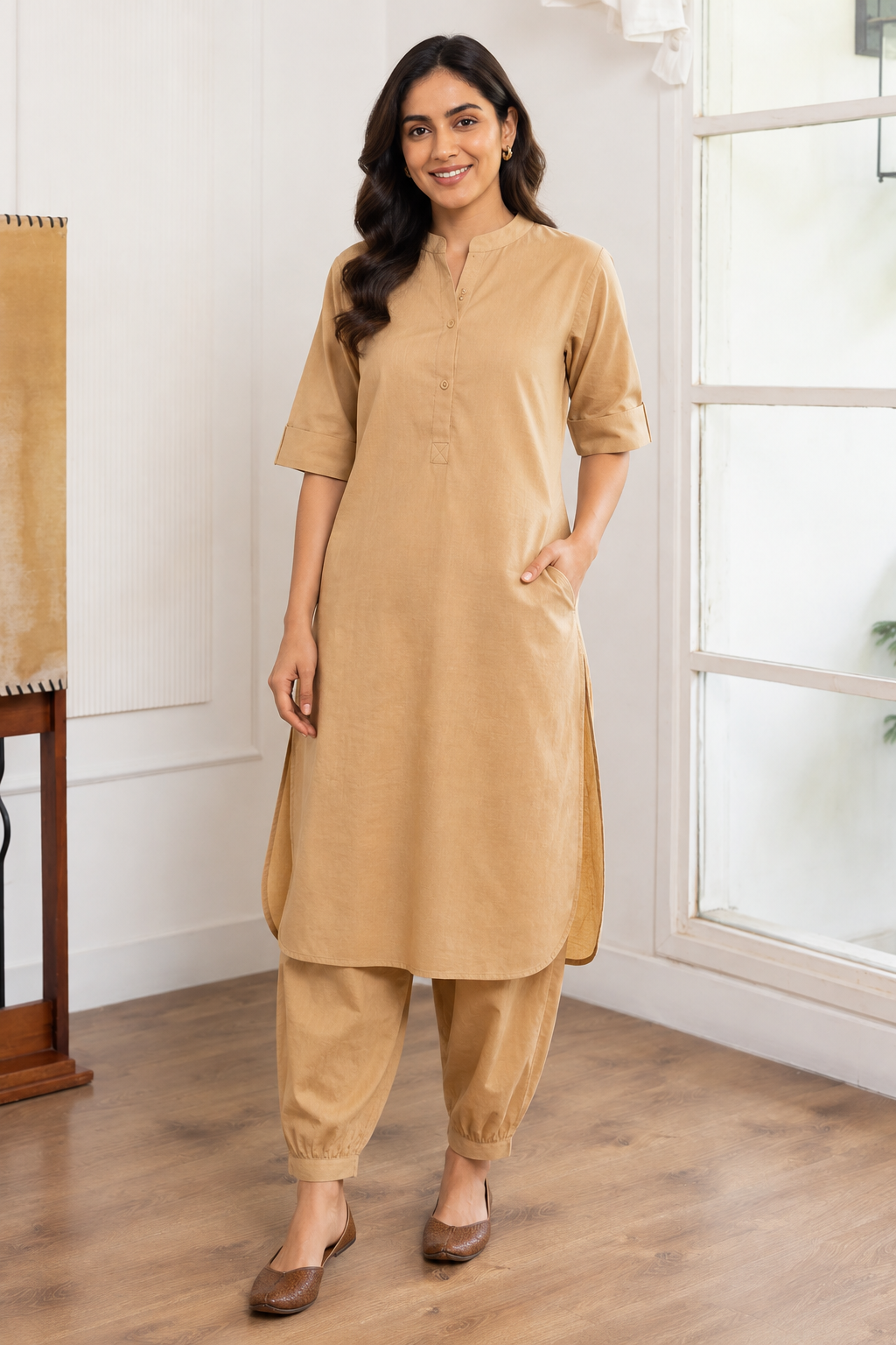 Women's Kurta Set – Mandarin Collar & Cuffed Pants