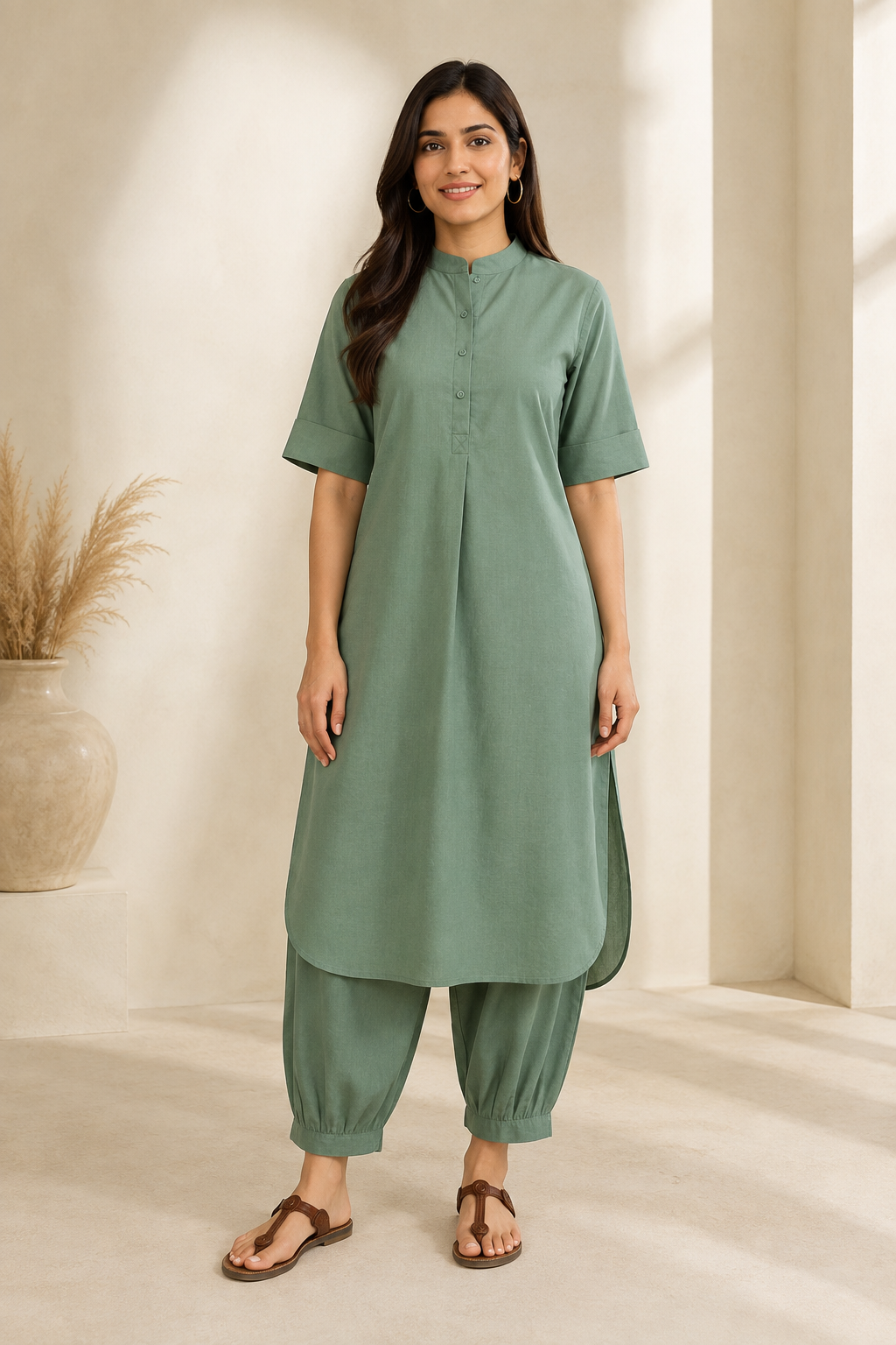 Women's Kurta Set – Mandarin Collar & Cuffed Pants