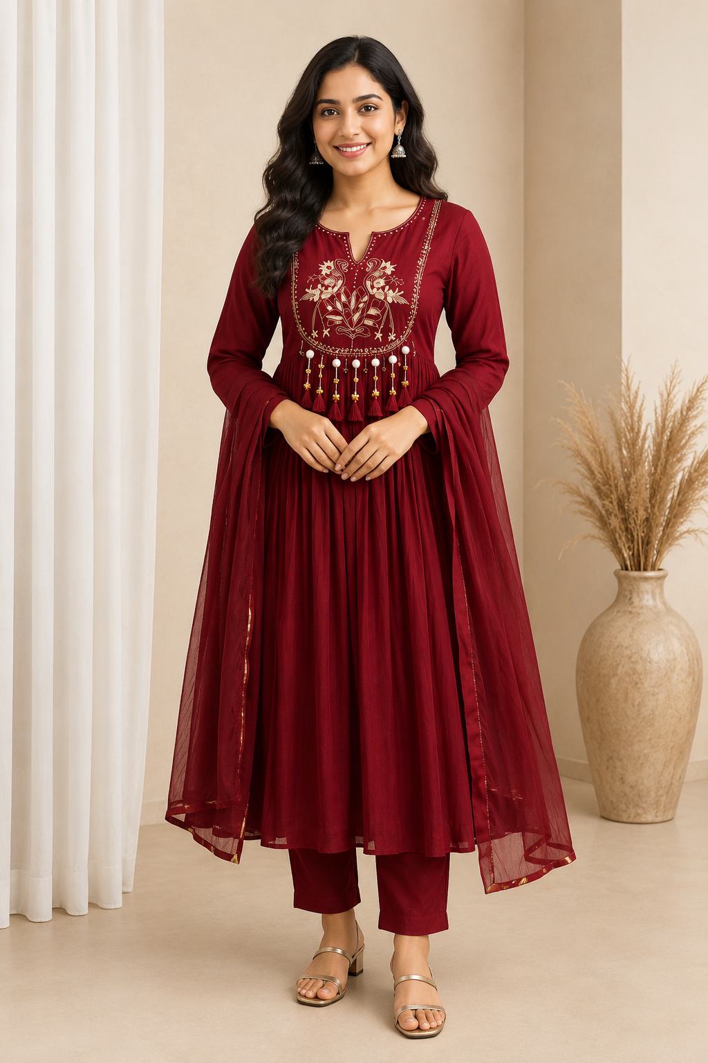 Embroidered Women's Anarkali Kurta Set – Tassel Detail