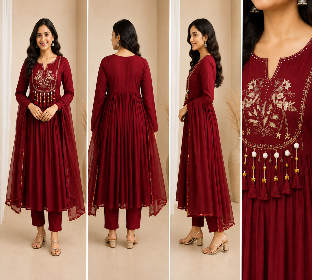 Embroidered Women's Anarkali Kurta Set – Tassel Detail
