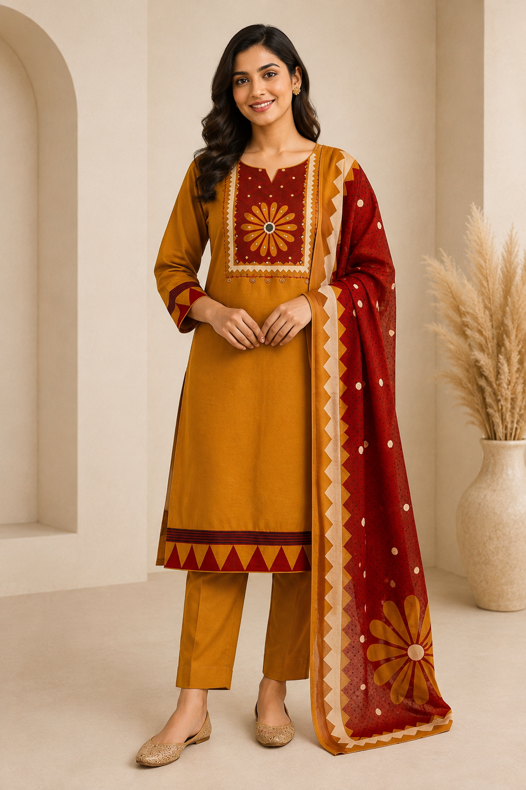 Printed Women's Kurta Set – Maroon Dupatta