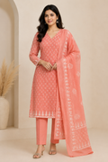 Coral Peach Printed Women's Kurta Set – V-Neck Style