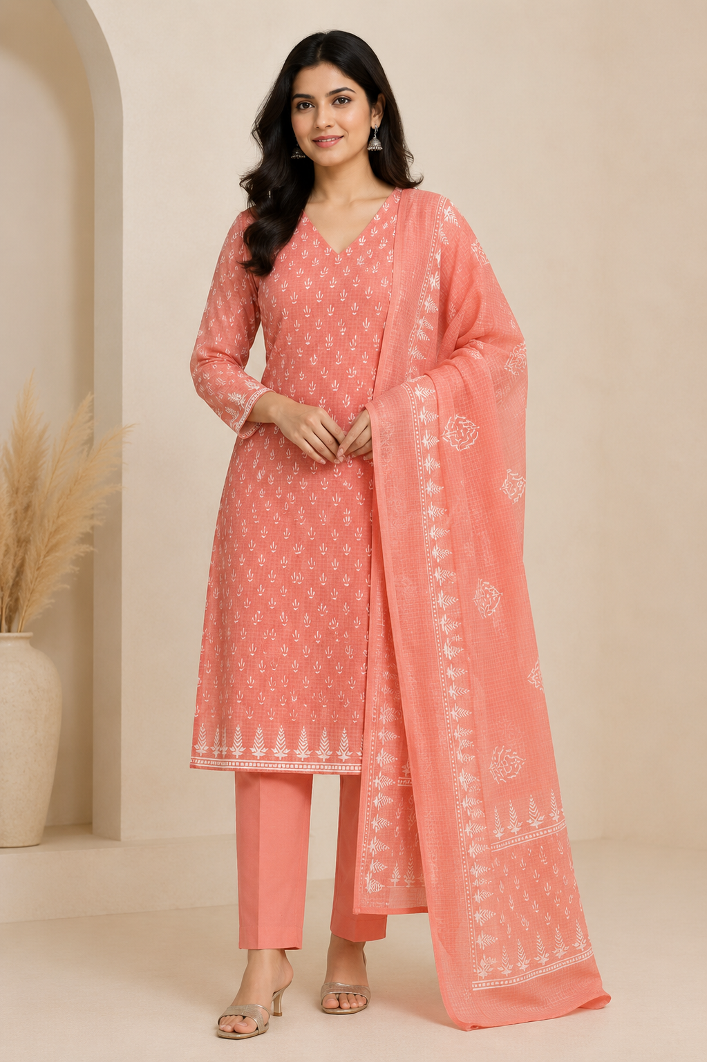Coral Peach Printed Women's Kurta Set – V-Neck Style