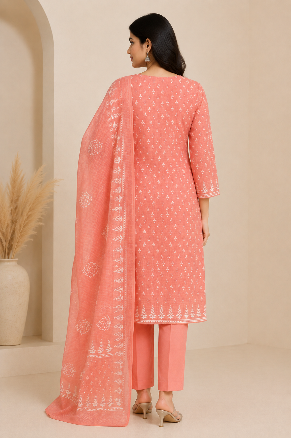 Coral Peach Printed Women's Kurta Set – V-Neck Style