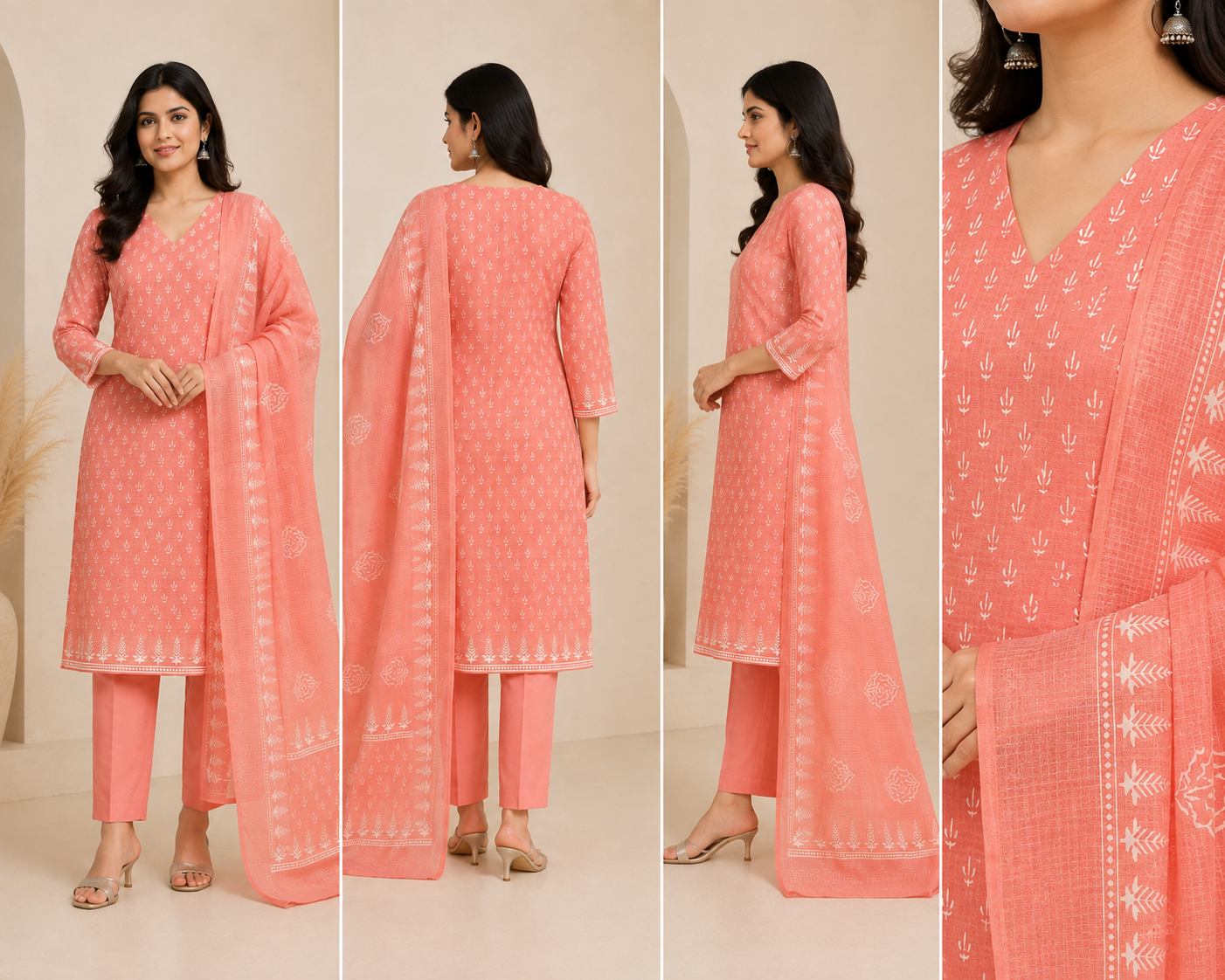 Coral Peach Printed Women's Kurta Set – V-Neck Style