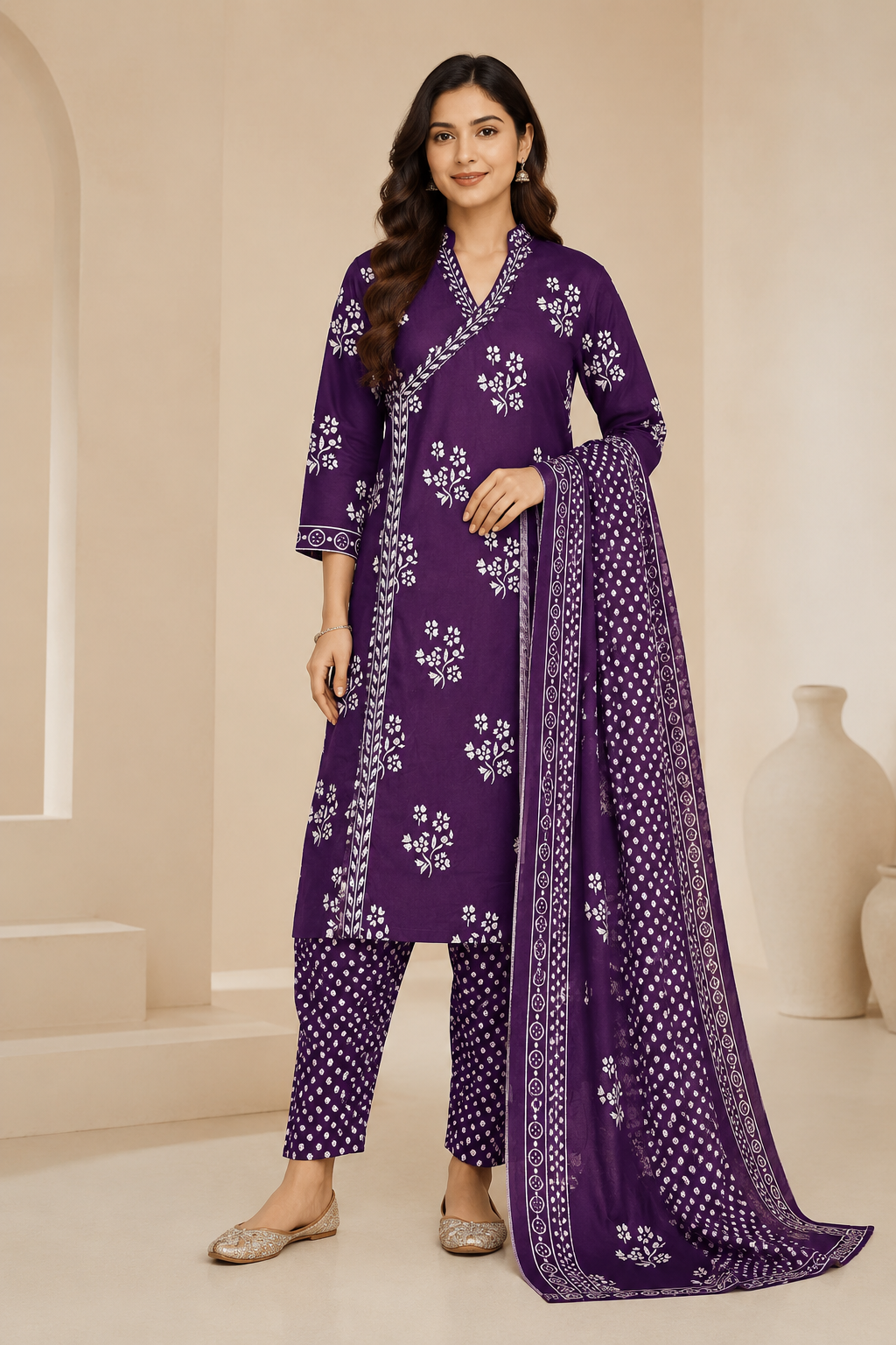 Deep Purple Floral Printed Women's Kurti Set – 3-Piece Ethnic Style