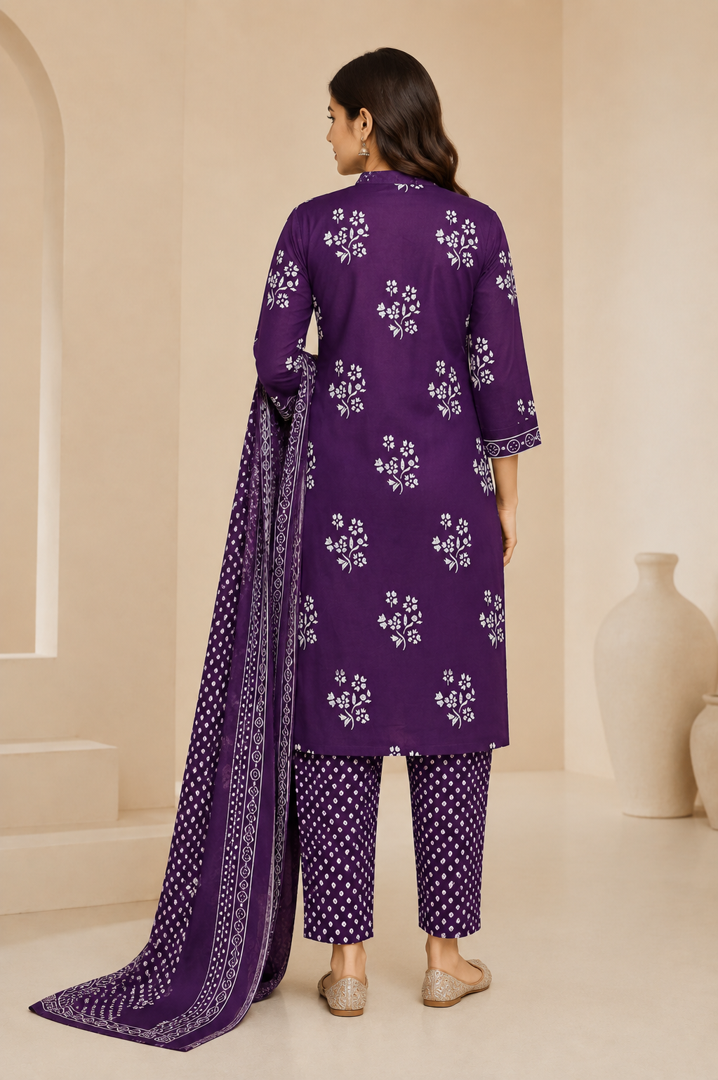 Deep Purple Floral Printed Women's Kurti Set – 3-Piece Ethnic Style
