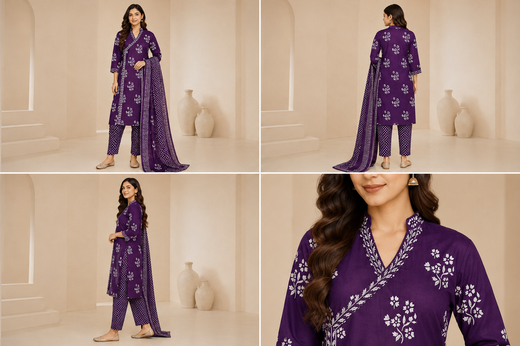 Deep Purple Floral Printed Women's Kurti Set – 3-Piece Ethnic Style
