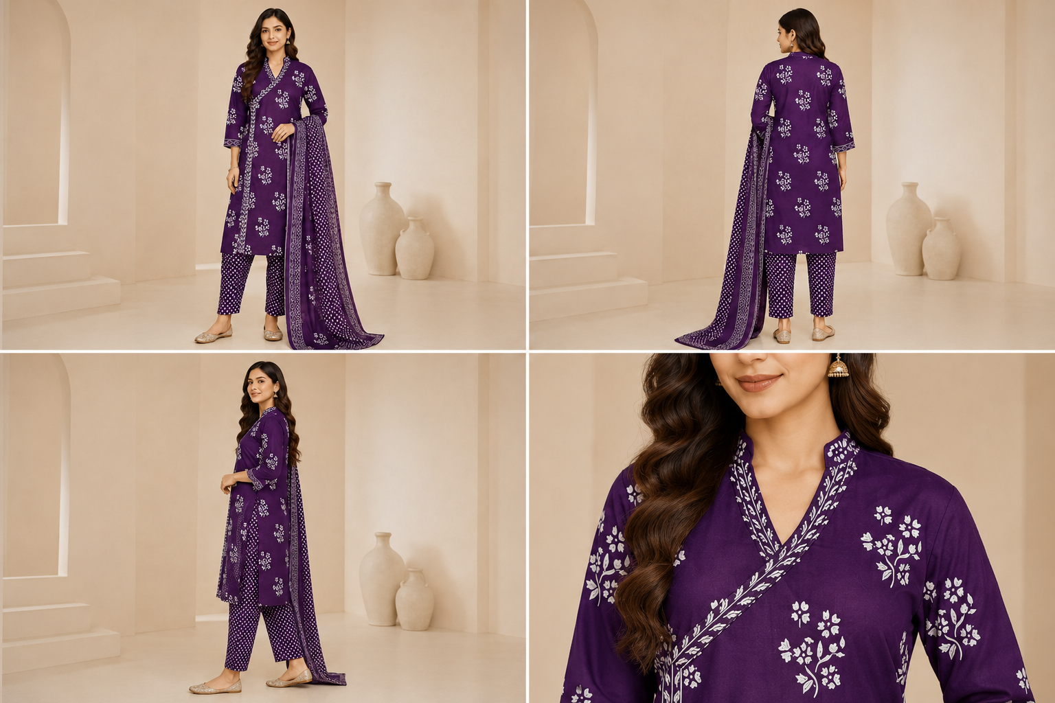Deep Purple Floral Printed Women's Kurti Set – 3-Piece Ethnic Style