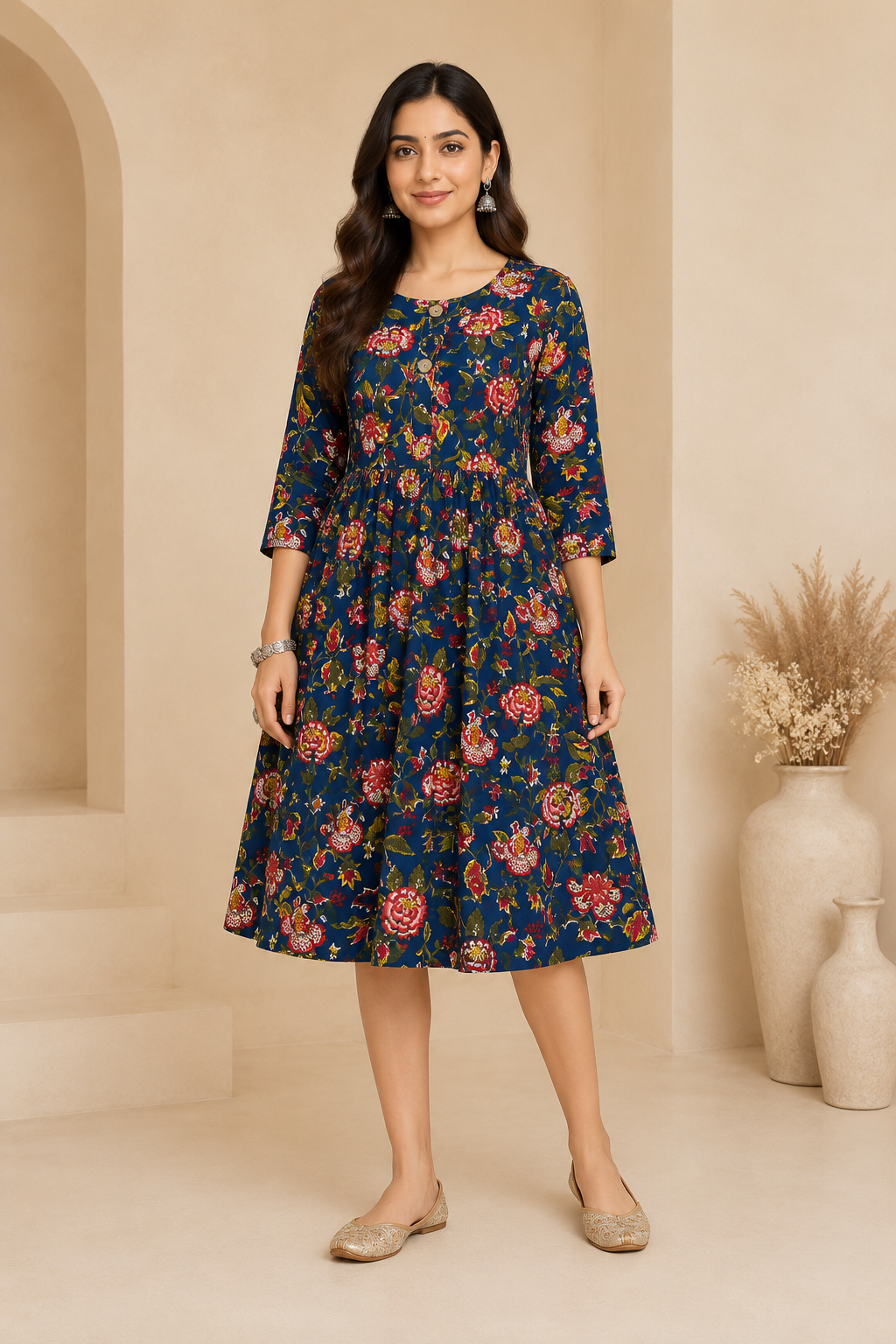 Floral Printed Women's Flared Kurti – Button Detail