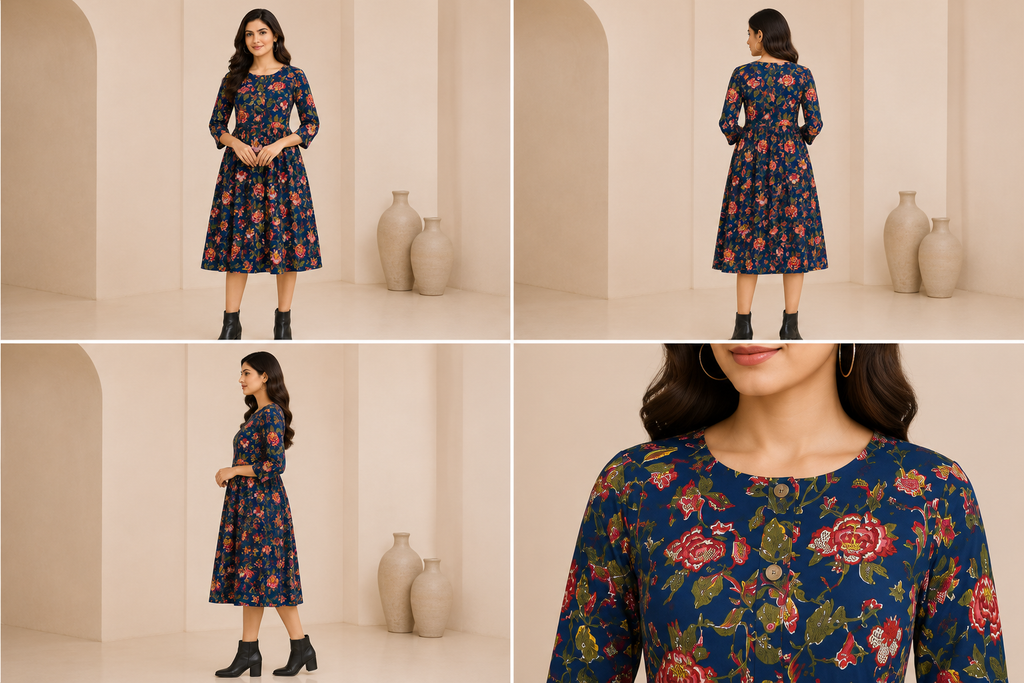 Floral Printed Women's Flared Kurti – Button Detail
