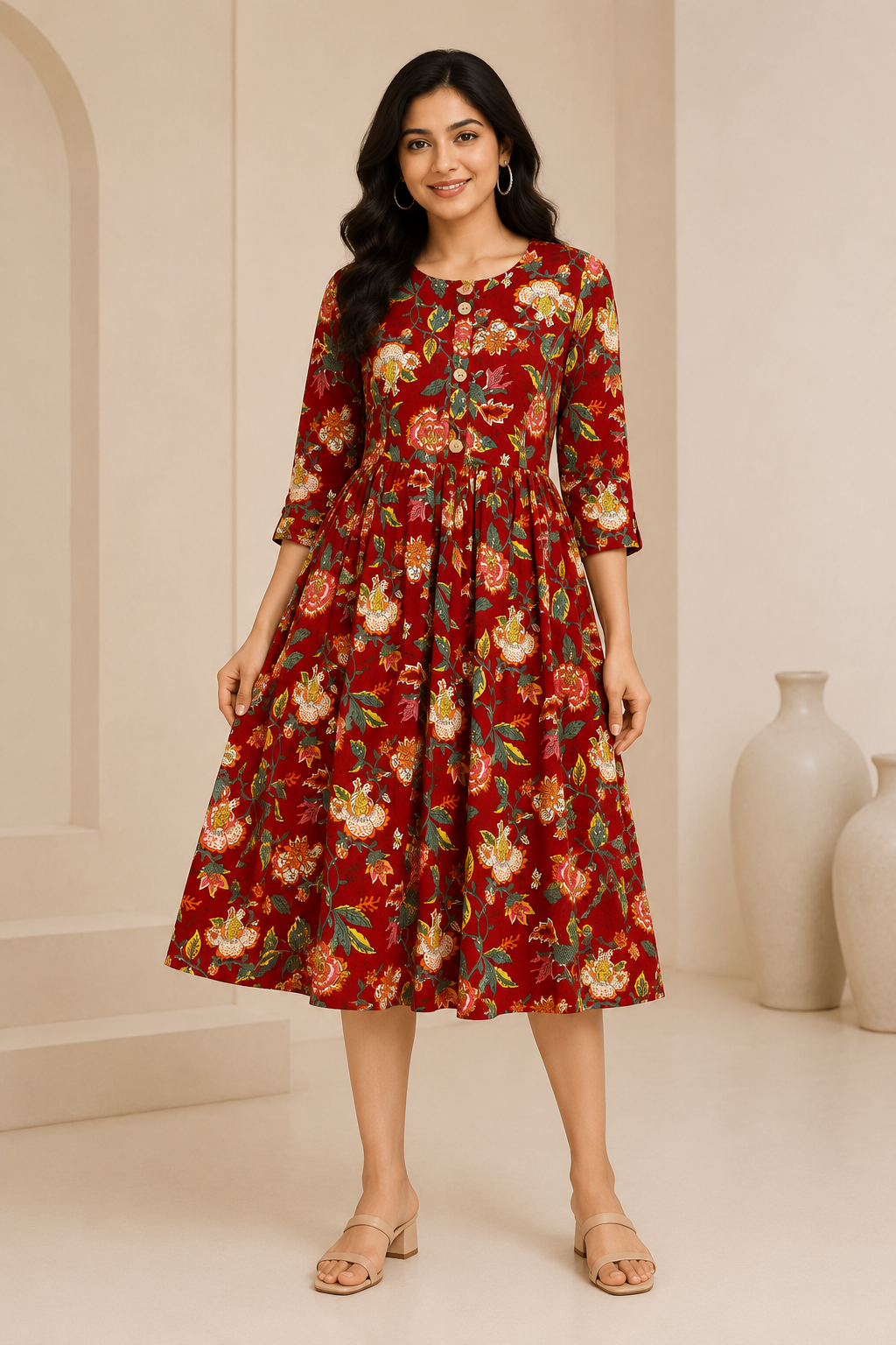 Floral Printed Women's Flared Kurti – Button Detail